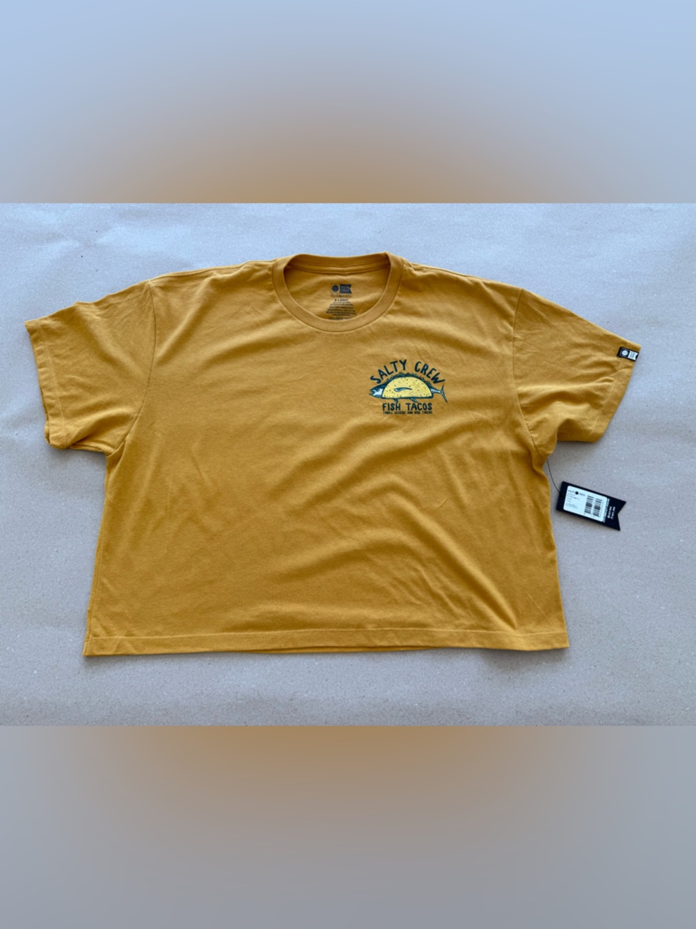 Salty Crew — Mustard Yellow Fish Tacos Cropped Tee — Size XL